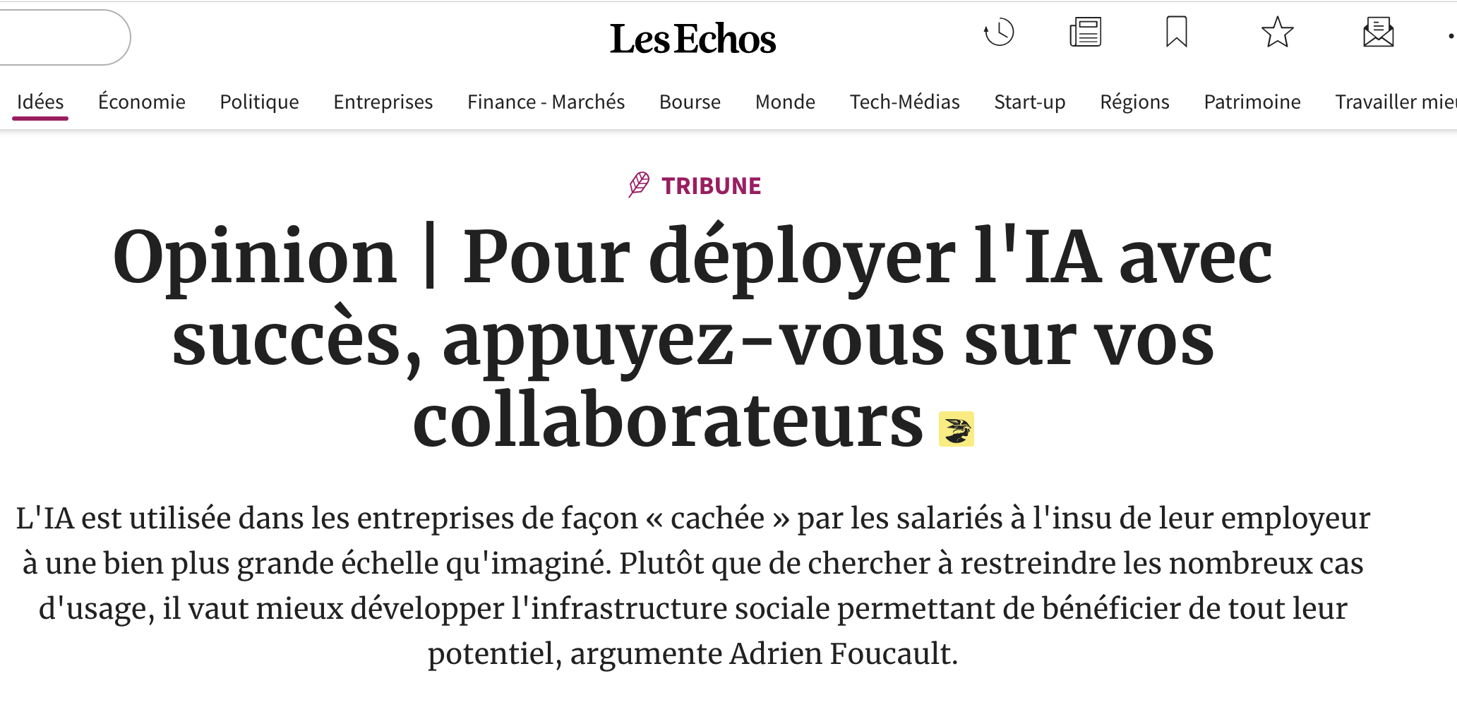 Screenshot of a Les Echos article titled 'Opinion | To successfully deploy AI, rely on your employees' featuring Adrien Foucault