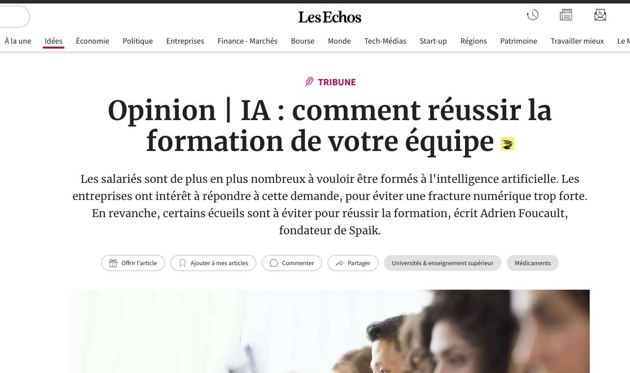 Screenshot of a Les Echos article titled 'Opinion | AI: how to succeed in training your team' featuring Adrien Foucault